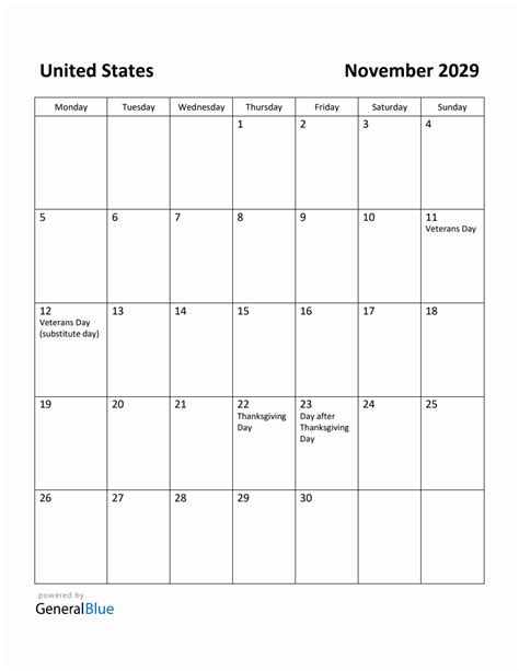 November 2029 Calendar – United States .
